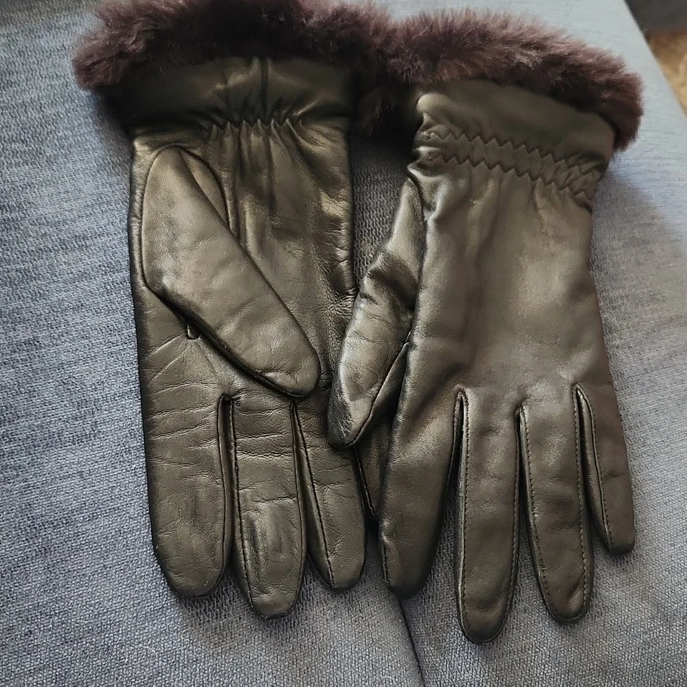 Vintage Fownes Black Genuin Leather Thinsulated Gloves with Faux Fur Trim Sz XL